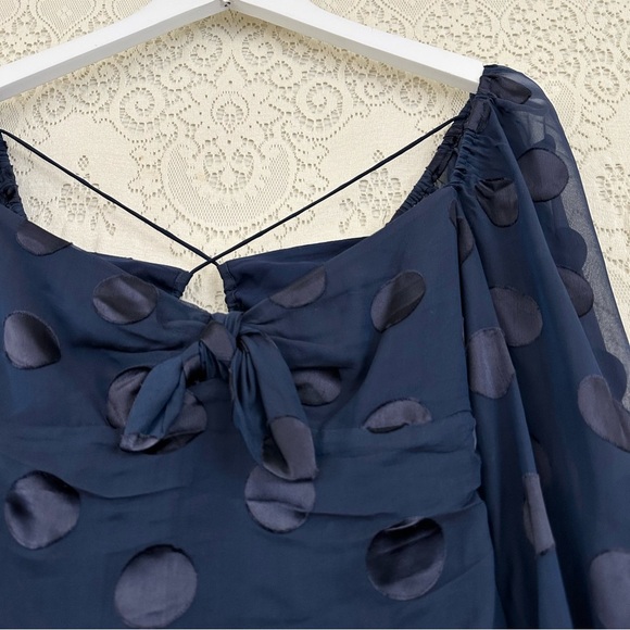 For Love and Lemons Navy Blue Polka Dot Chiffon Ruched Lula Mini Dress - Picture 7 of 16